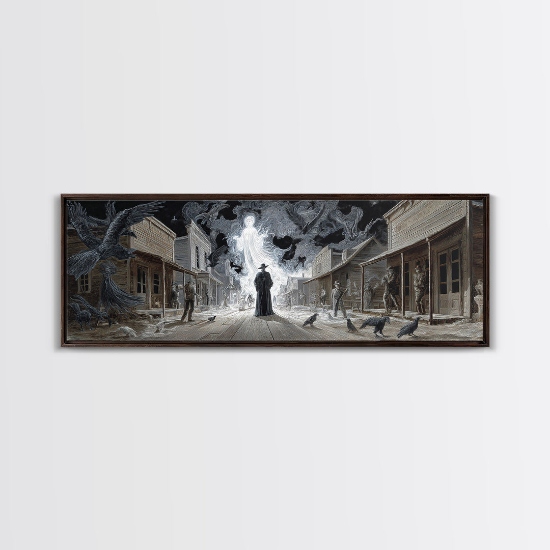 The Ghost Town Main Street, Visionary Gothic Art, Extra Wide Wall Art, Macabre Wall Art, Framed Canvas Print, Halloween Wall Art