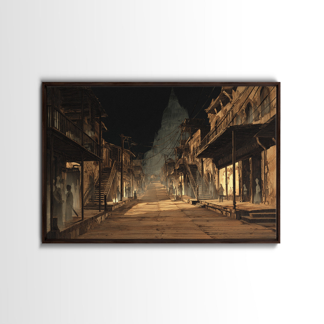 The Ghost Town Main Street, Architectural Etching Art, Landscape Wall Art, Dark Halloween Decor, Framed Canvas Print