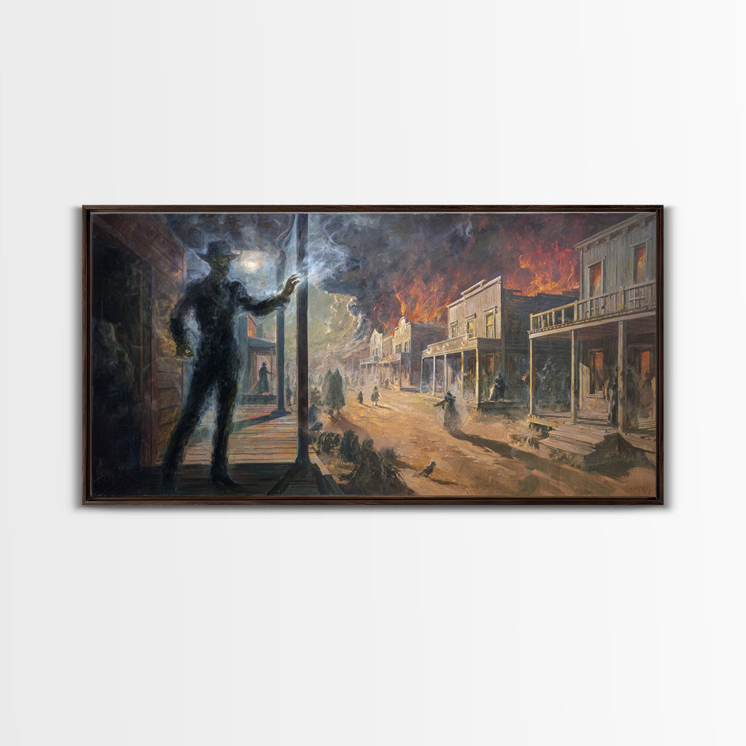 The Ghost Town Main Street, Apocalyptic Romantic Art, Wide Panoramic Art, Dark Fantasy Wall Art, Framed Canvas Print, Halloween Wall Art