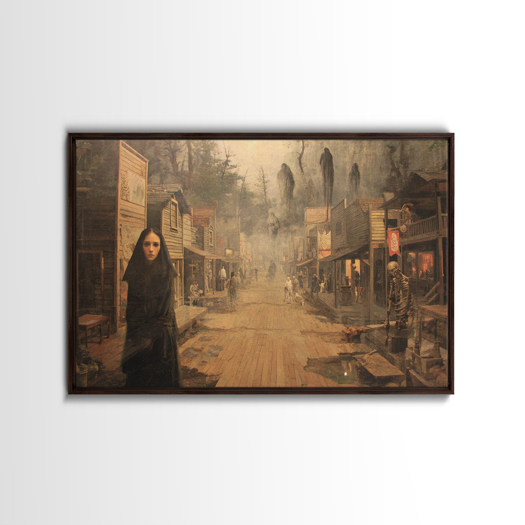 The Ghost Town Main Street, Symbolist Gothic Landscape, Landscape Wall Art, Macabre Wall Art, Framed Canvas Print, Halloween Wall Art