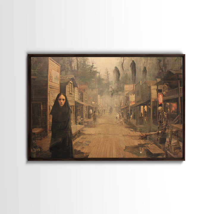The Ghost Town Main Street, Symbolist Gothic Landscape, Landscape Wall Art, Macabre Wall Art, Framed Canvas Print, Halloween Wall Art