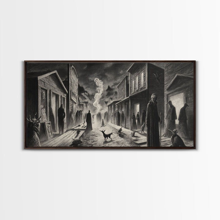 The Ghost Town Main Street, Expressionist Nightmare Art, Wide Panoramic Art, Dark Halloween Decor, Framed Canvas Print, Halloween Wall Art