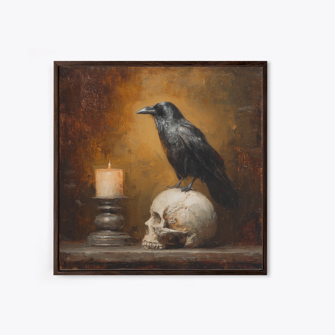 Raven Perched on a Skull Canvas Print, Dark Art, Room Decor, Living Room Decor, Fine Art, Nocturne, Digital Art, DAR-1x1-25