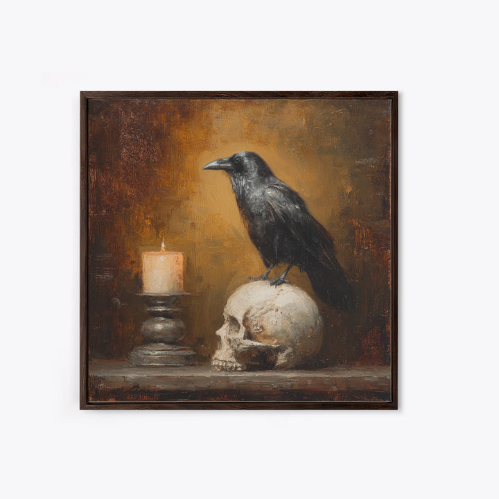 Raven Perched on a Skull Canvas Print, Dark Art, Room Decor, Living Room Decor, Fine Art, Nocturne, Digital Art, DAR-1x1-25