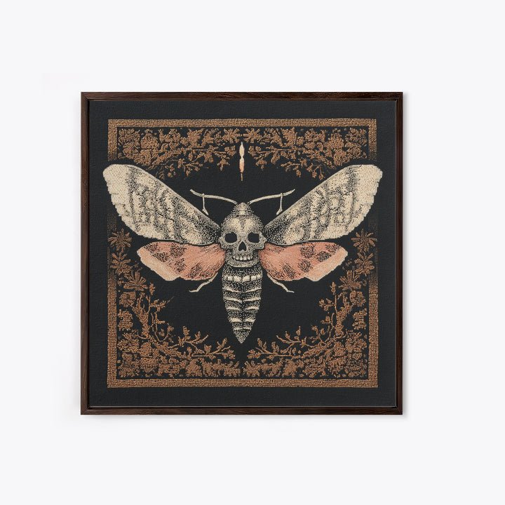 Moth with Skull Pattern on Black Ground Framed Canvas Print, Dark Art, Unique Wall Decor, Living Room Decor, Fine Art, Nocturne, DAR-1x1-39