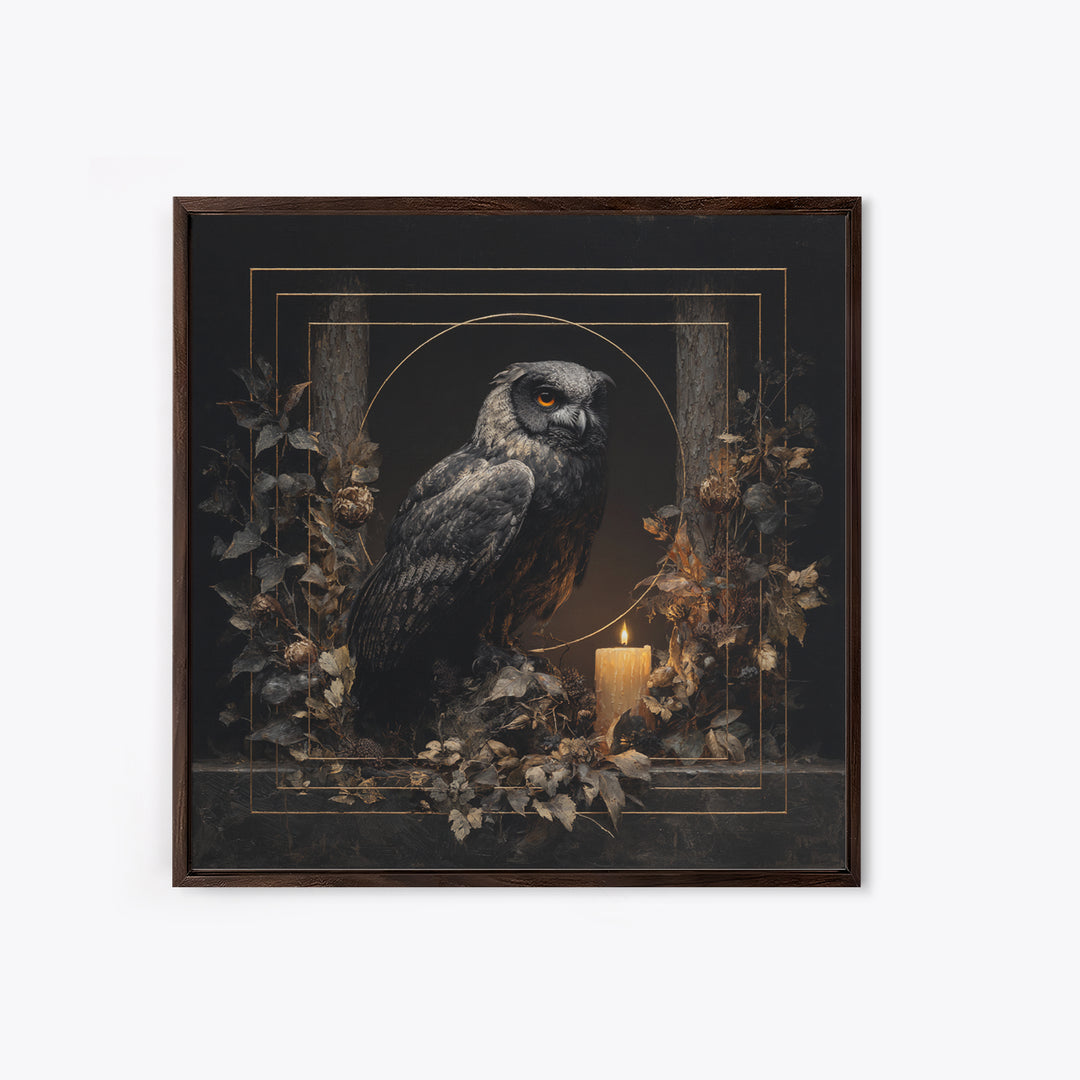 Owl in a Midnight Pine Forest Framed Canvas Print, Dark Art, Weird Art, Living Room Decor, Oil Painting, Nocturne, DAR-1x1-46