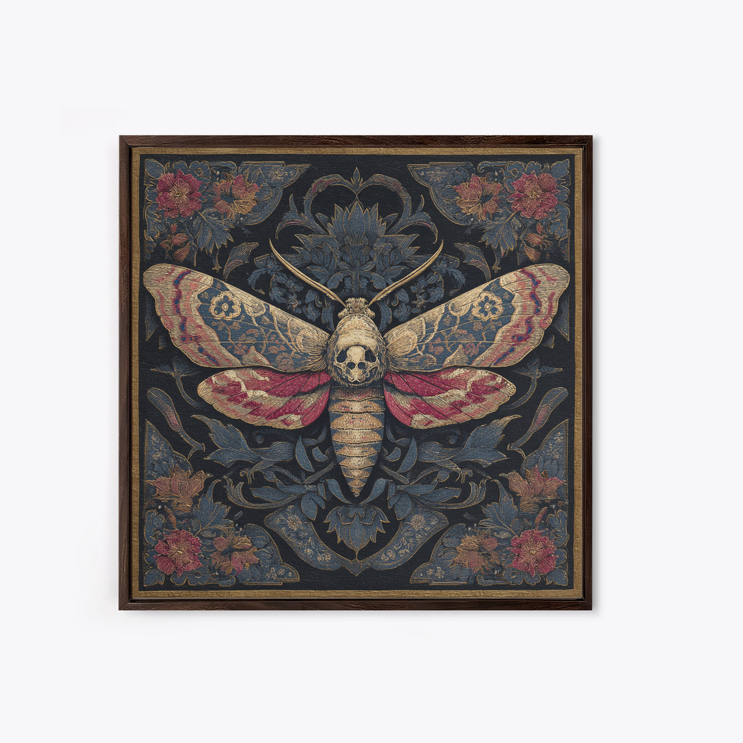 Moth with Skull Pattern on Black Ground Framed Canvas Print, Dark Art, Neutral Decor, Living Room Decor, Fine Art, Nocturne, DAR-1x1-63