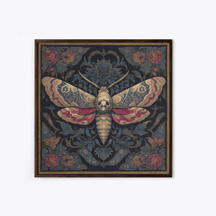 Moth with Skull Pattern on Black Ground Framed Canvas Print, Dark Art, Neutral Decor, Living Room Decor, Fine Art, Nocturne, DAR-1x1-63