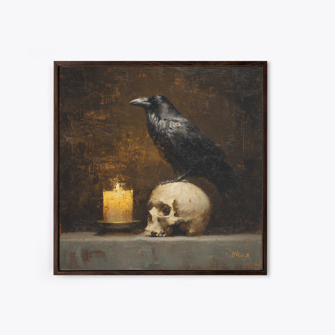 Raven Perched on a Skull Canvas Print, Dark Art, Art Print, Living Room Decor, Oil Painting, Nocturne, Halloween Art, DAR-1x1-97