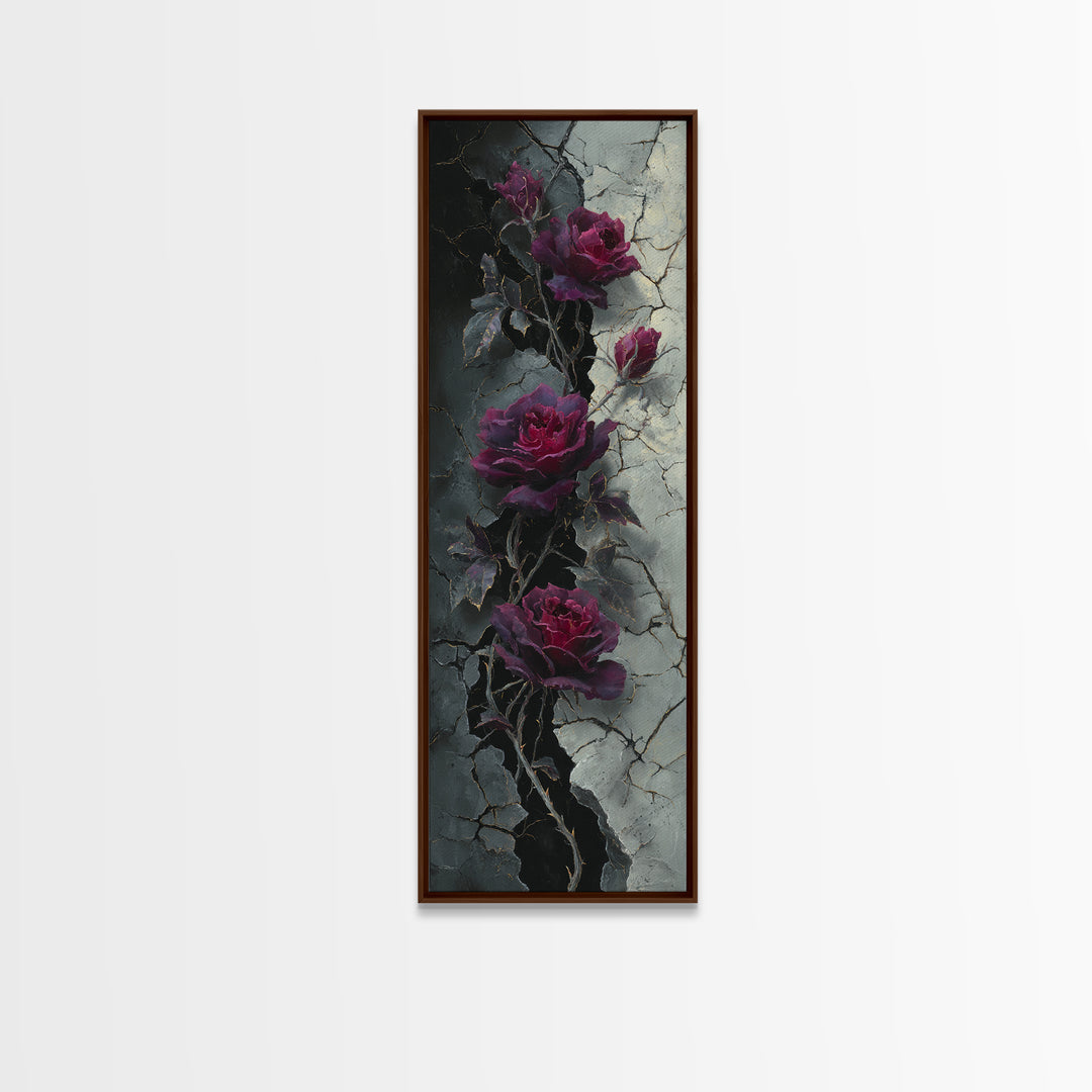 Black Roses Blooming from Cracked Stone Canvas Print, Dark Art, Gallery Decor, Living Room Decor, Fine Art, Nocturne, DAR-1x3-14