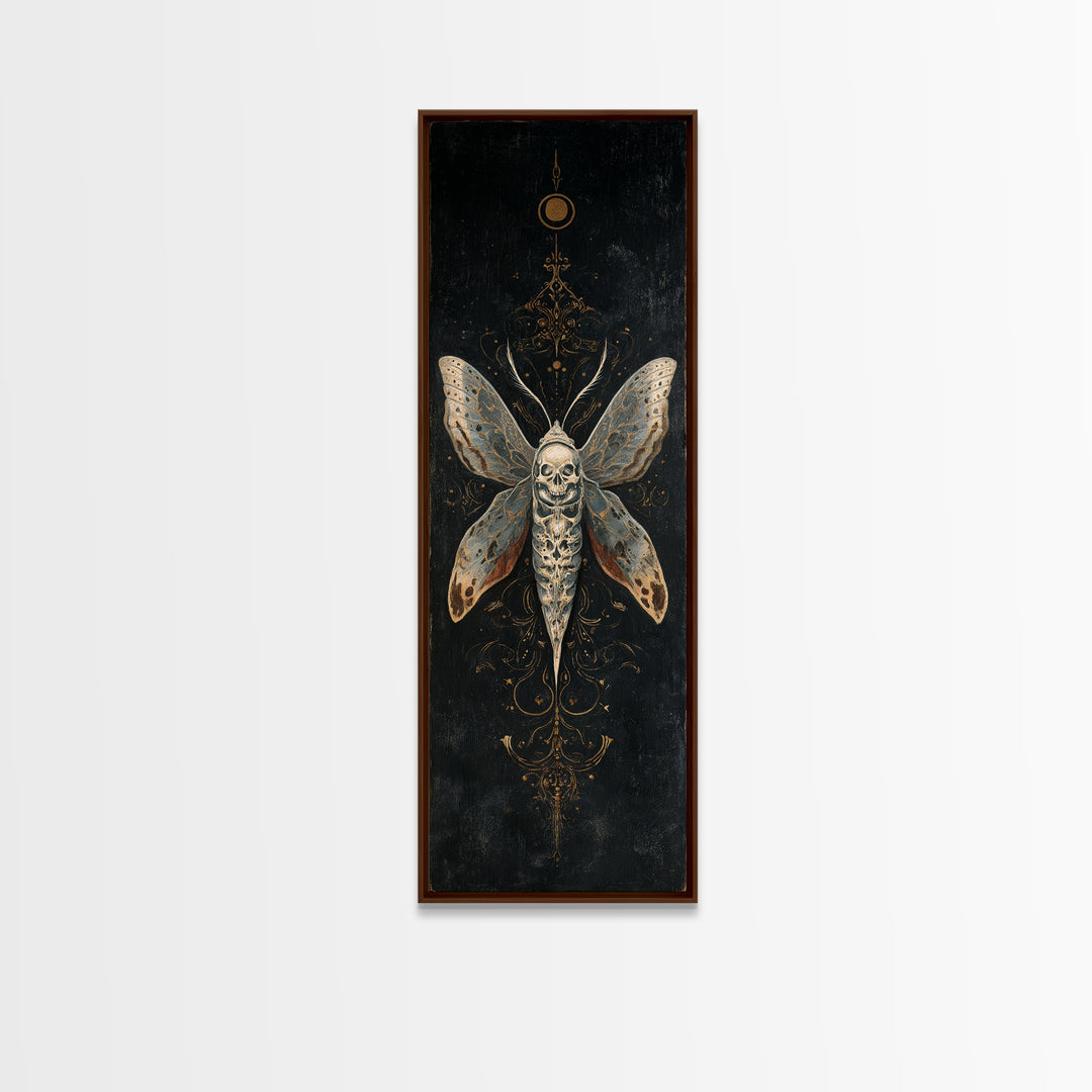 Moth with Skull Pattern on Black Ground Framed Canvas Print, Dark Art, Neutral Decor, Living Room Decor, Fine Art, Nocturne, DAR-1x3-75