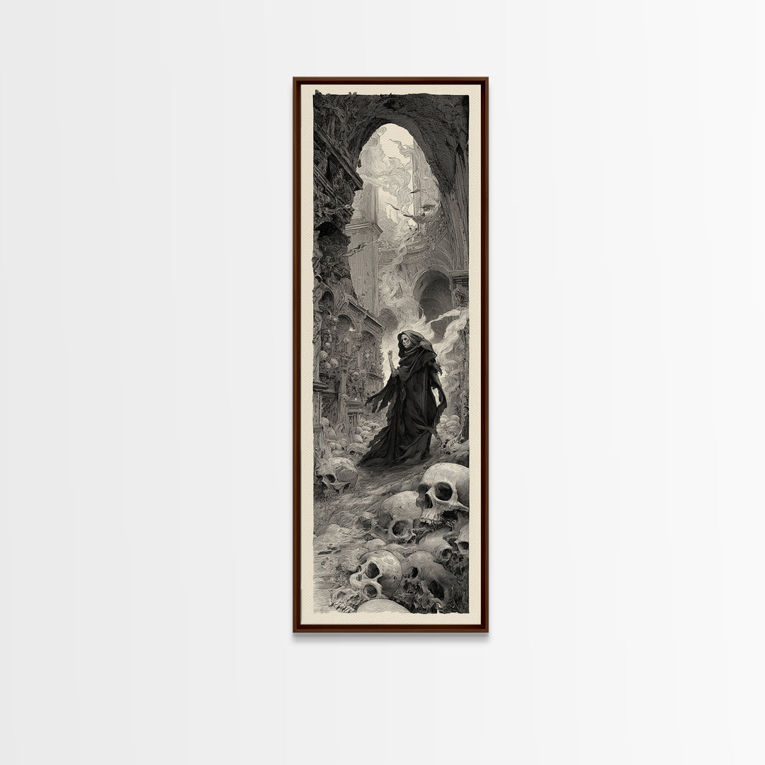 The Endless Catacombs, Gothic Engraving Art, Tall Narrow Wall Art, Dark Halloween Decor, Canvas Print, Halloween Wall Art