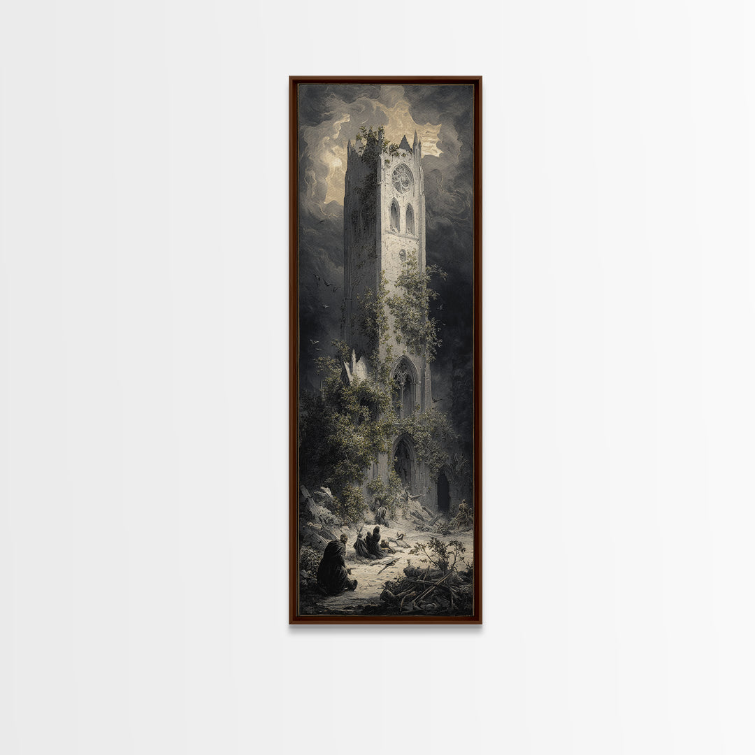 The Overgrown Chapel, Gothic Engraving Art, Tall Narrow Wall Art, Dark Halloween Decor, Canvas Print, Halloween Wall Art