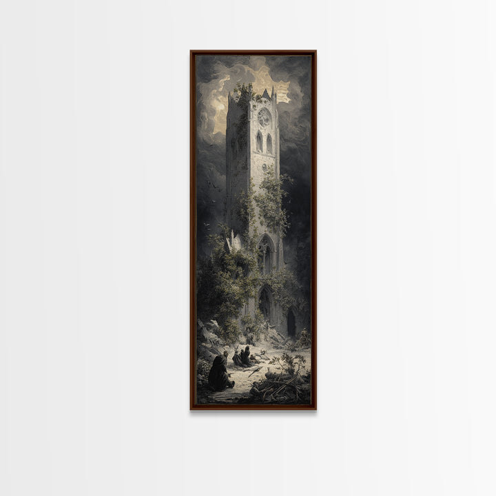 The Overgrown Chapel, Gothic Engraving Art, Tall Narrow Wall Art, Dark Halloween Decor, Canvas Print, Halloween Wall Art