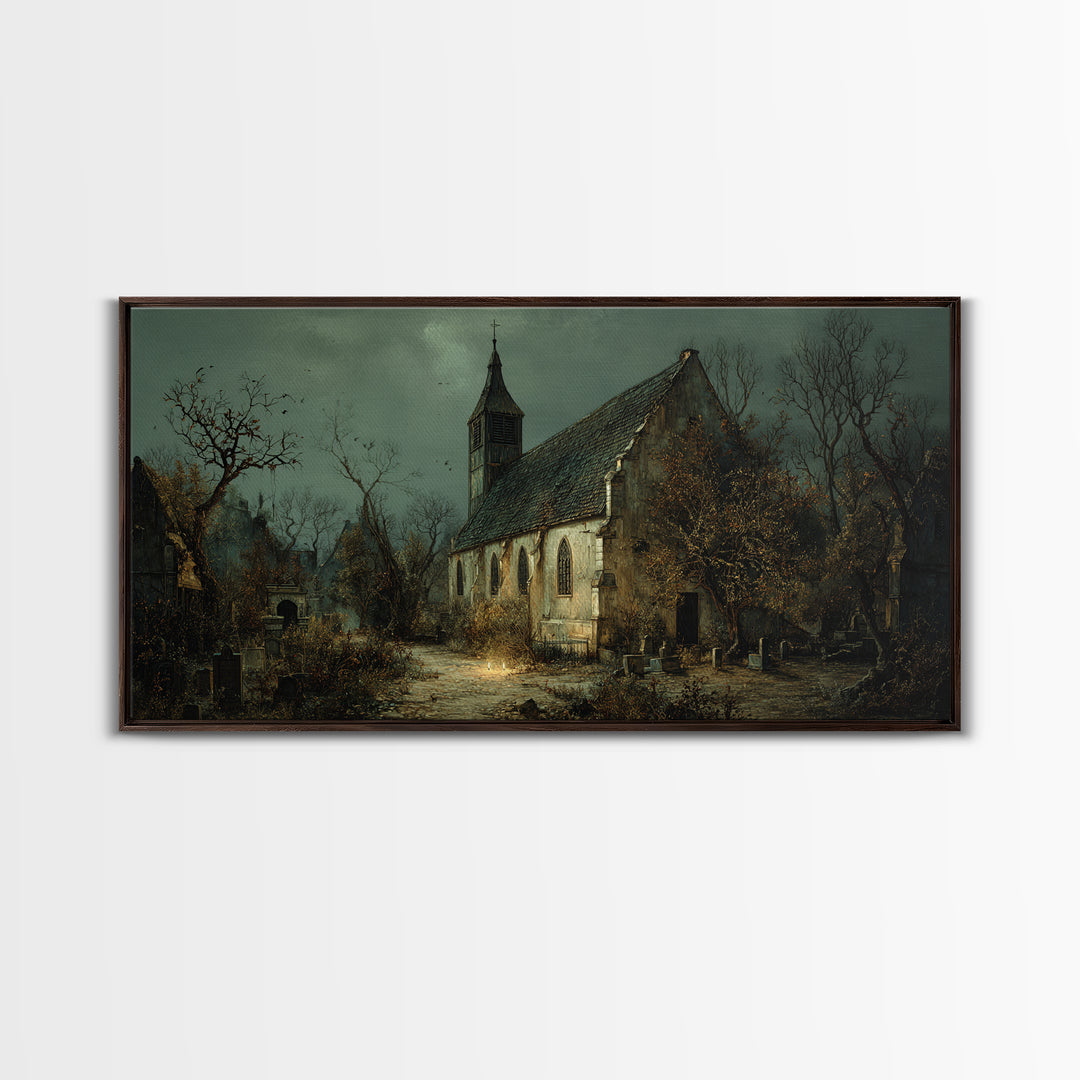 The Overgrown Chapel, Northern Renaissance Horror, Wide Panoramic Art, Dark Halloween Decor, Canvas Print, Halloween Wall Art