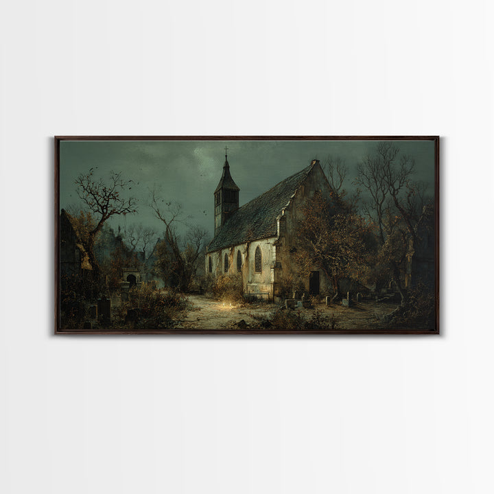 The Overgrown Chapel, Northern Renaissance Horror, Wide Panoramic Art, Dark Halloween Decor, Canvas Print, Halloween Wall Art