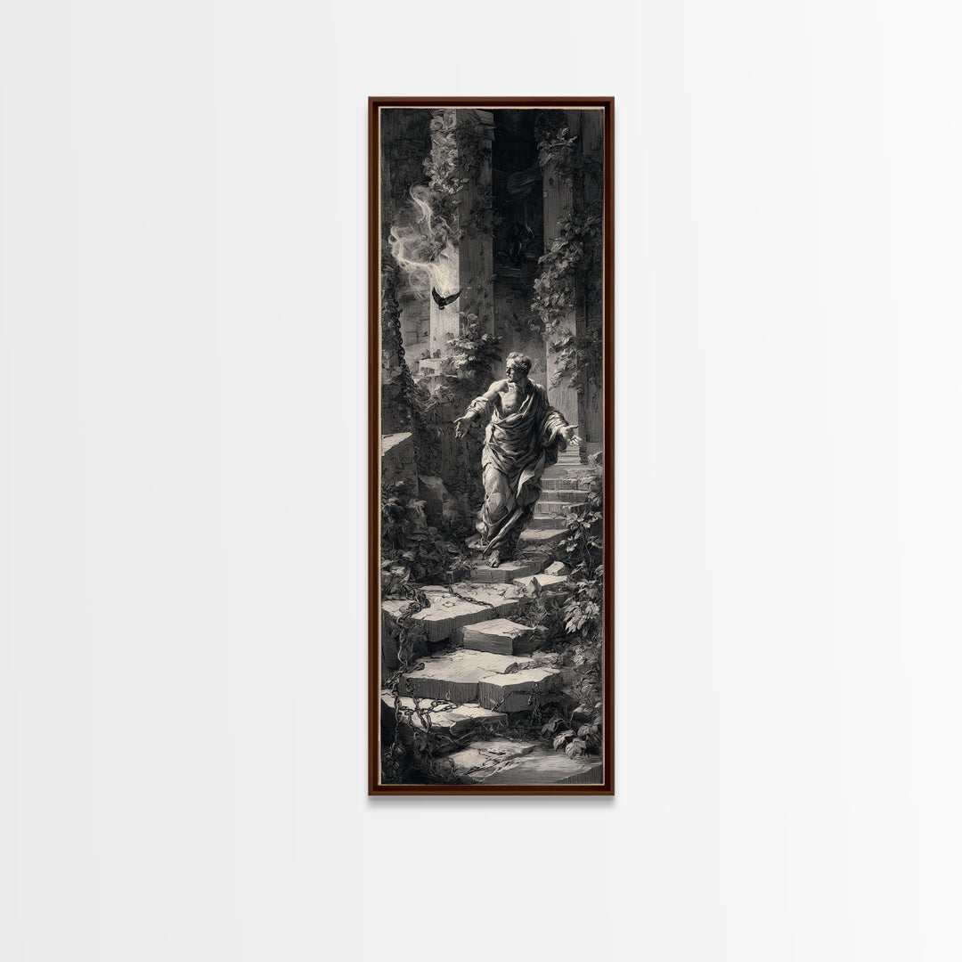 The Overgrown Chapel, Architectural Etching Art, Tall Narrow Wall Art, Dark Halloween Decor, Framed Canvas Print