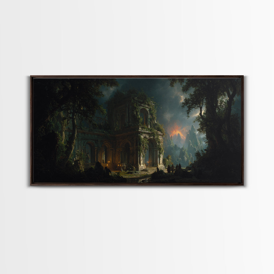 The Overgrown Chapel, Apocalyptic Romantic Art, Wide Panoramic Art, Dark Fantasy Wall Art, Framed Canvas Print, Halloween Wall Art