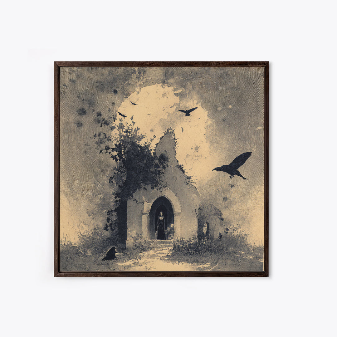 The Overgrown Chapel, Symbolist Dream Art, Square Wall Art, Dark Halloween Decor, Canvas Print, Halloween Wall Art