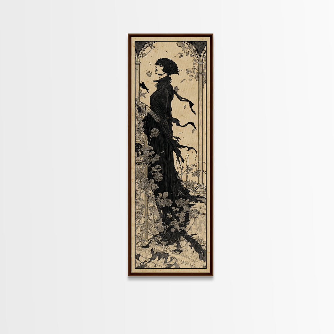 The Overgrown Chapel, Decadent Line Art, Tall Narrow Wall Art, Dark Fantasy Wall Art, Framed Canvas Print, Halloween Wall Art