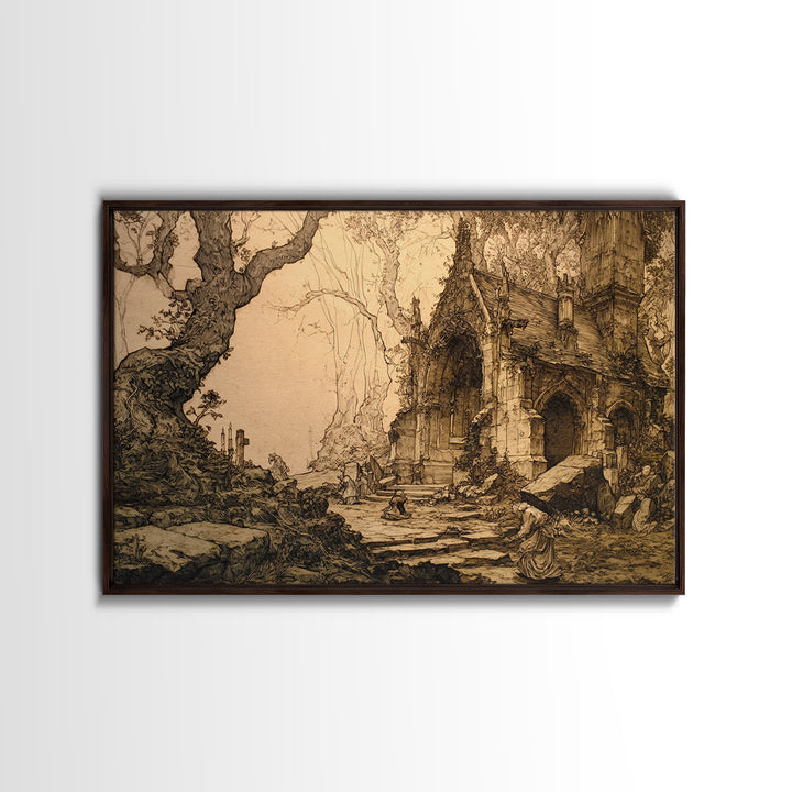 The Overgrown Chapel, Gothic Storybook Art, Landscape Wall Art, Macabre Wall Art, Framed Canvas Print, Halloween Wall Art