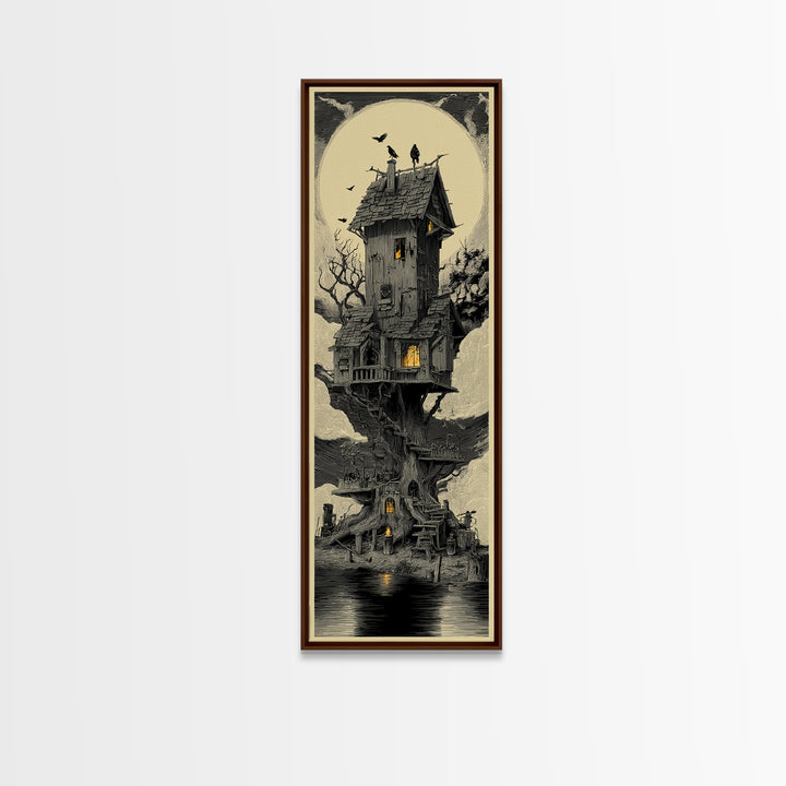 The Foggy Swamp Shack, Gothic Engraving Art, Tall Narrow Wall Art, Dark Halloween Decor, Framed Canvas Print, Halloween Wall Art