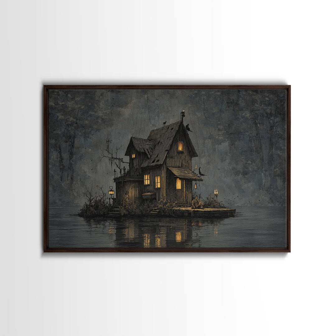 The Foggy Swamp Shack, Medieval Grotesque Art, Landscape Wall Art, Macabre Wall Art, Canvas Print, Halloween Wall Art