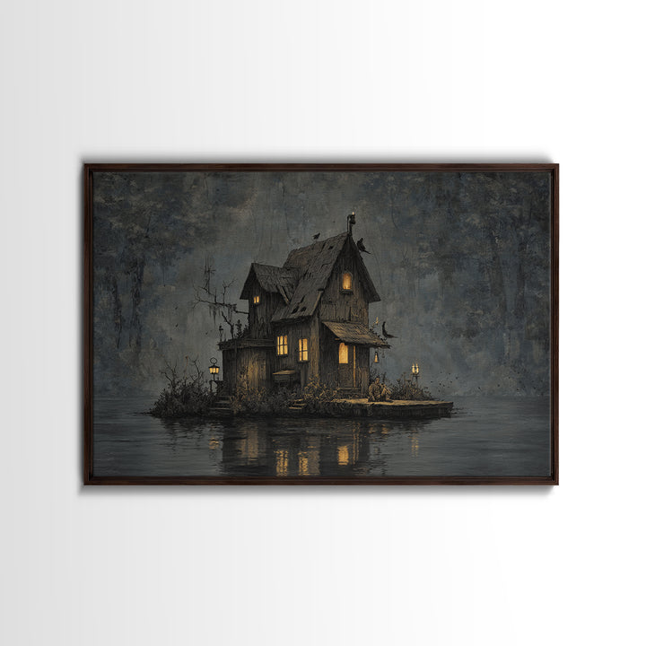 The Foggy Swamp Shack, Medieval Grotesque Art, Landscape Wall Art, Macabre Wall Art, Canvas Print, Halloween Wall Art