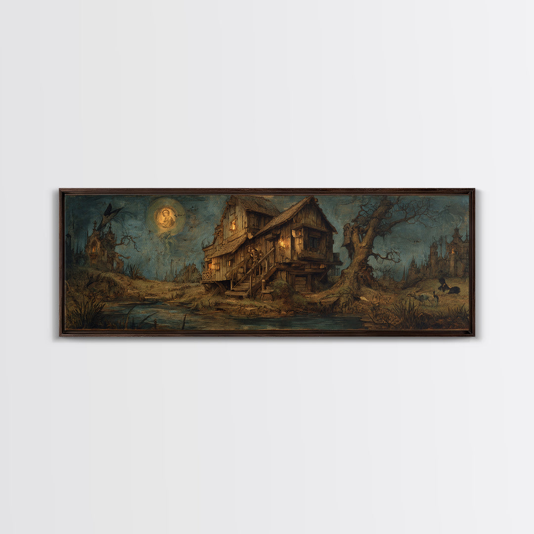 The Foggy Swamp Shack, Dark Renaissance Art, Extra Wide Wall Art, Dark Halloween Decor, Framed Canvas Print, Halloween Wall Art
