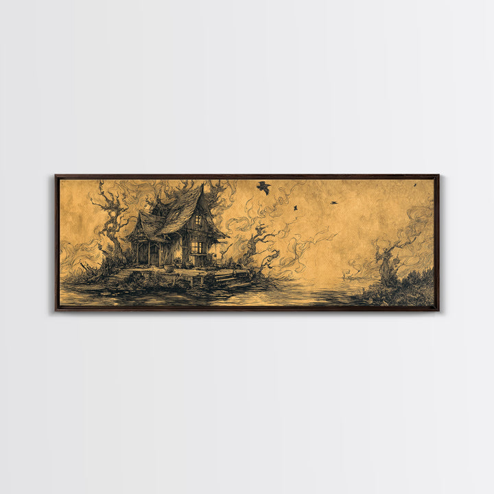 The Foggy Swamp Shack, Renaissance Engraving Art, Extra Wide Wall Art, Macabre Wall Art, Framed Canvas Print, Halloween Wall Art