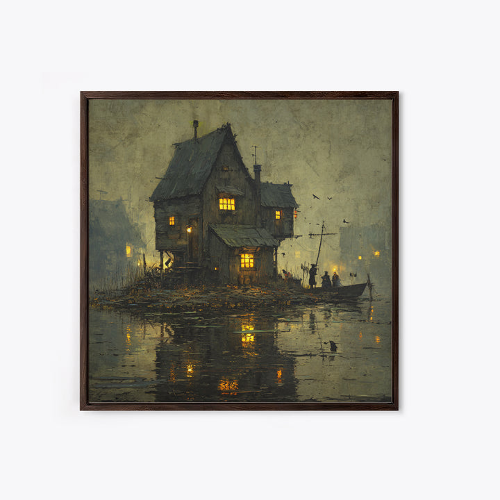 The Foggy Swamp Shack, Danse Macabre Art, Square Wall Art, Gothic Horror Wall Art, Framed Canvas Print