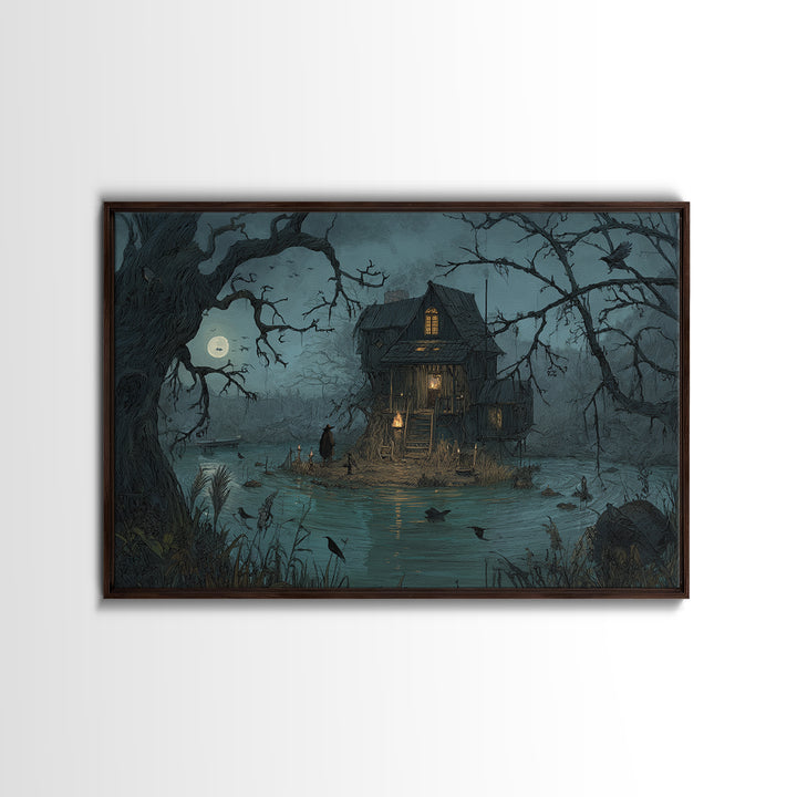 The Foggy Swamp Shack, Baroque Witchcraft Art, Landscape Wall Art, Gothic Horror Wall Art, Canvas Print, Halloween Wall Art