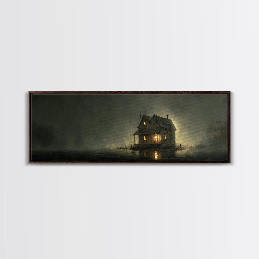 The Foggy Swamp Shack, Dark Romantic Horror Art, Extra Wide Wall Art, Macabre Wall Art, Canvas Print, Halloween Wall Art
