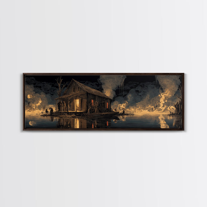 The Foggy Swamp Shack, Visionary Gothic Art, Extra Wide Wall Art, Dark Halloween Decor, Framed Canvas Print, Halloween Wall Art