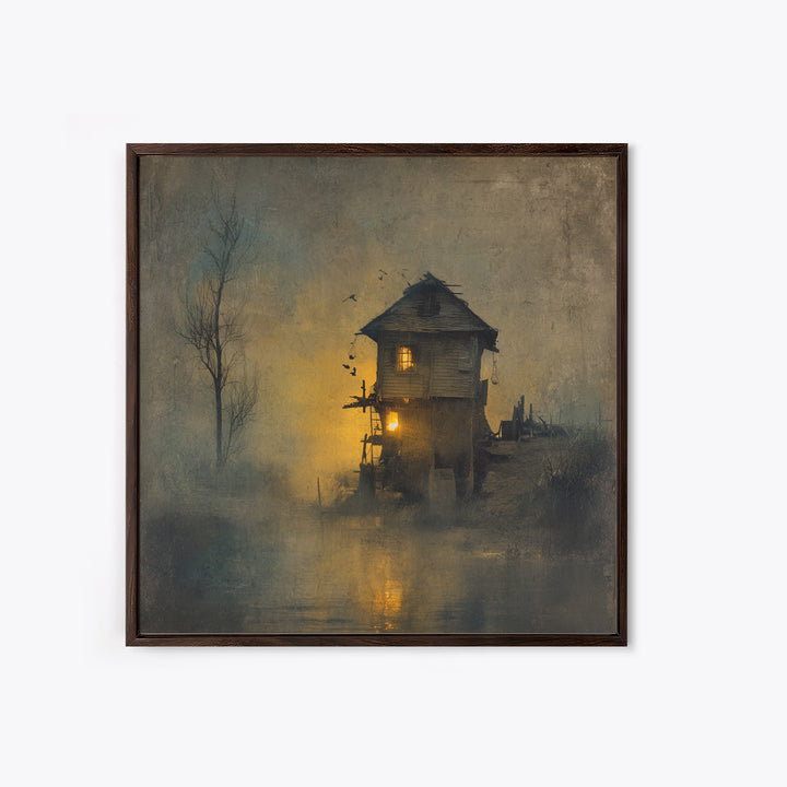 The Foggy Swamp Shack, Symbolist Dream Art, Square Wall Art, Dark Fantasy Wall Art, Canvas Print, Halloween Wall Art, Macabre Wall Art