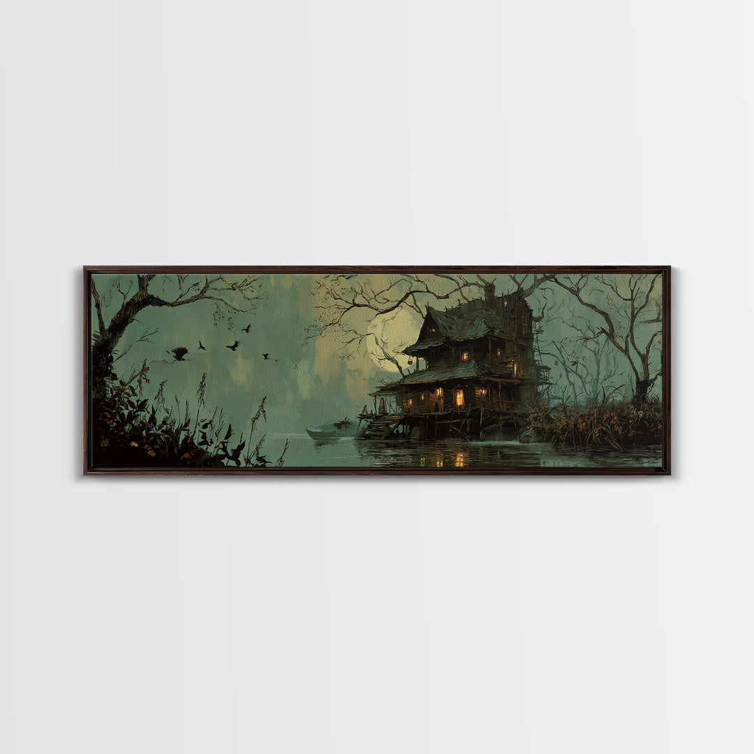 The Foggy Swamp Shack, Decadent Gothic Art, Extra Wide Wall Art, Macabre Wall Art, Framed Canvas Print, Halloween Wall Art