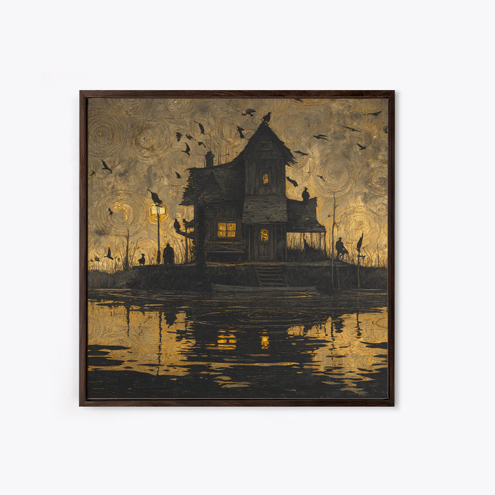 The Foggy Swamp Shack, Dark Symbolist Art, Square Wall Art, Macabre Wall Art, Framed Canvas Print, Halloween Wall Art