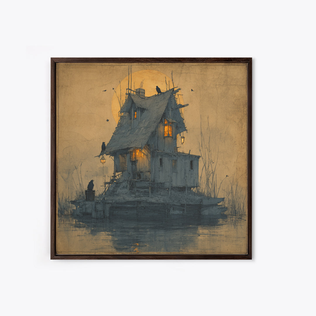 The Foggy Swamp Shack, Symbolist Etching Art, Square Wall Art, Dark Halloween Decor, Framed Canvas Print, Halloween Wall Art