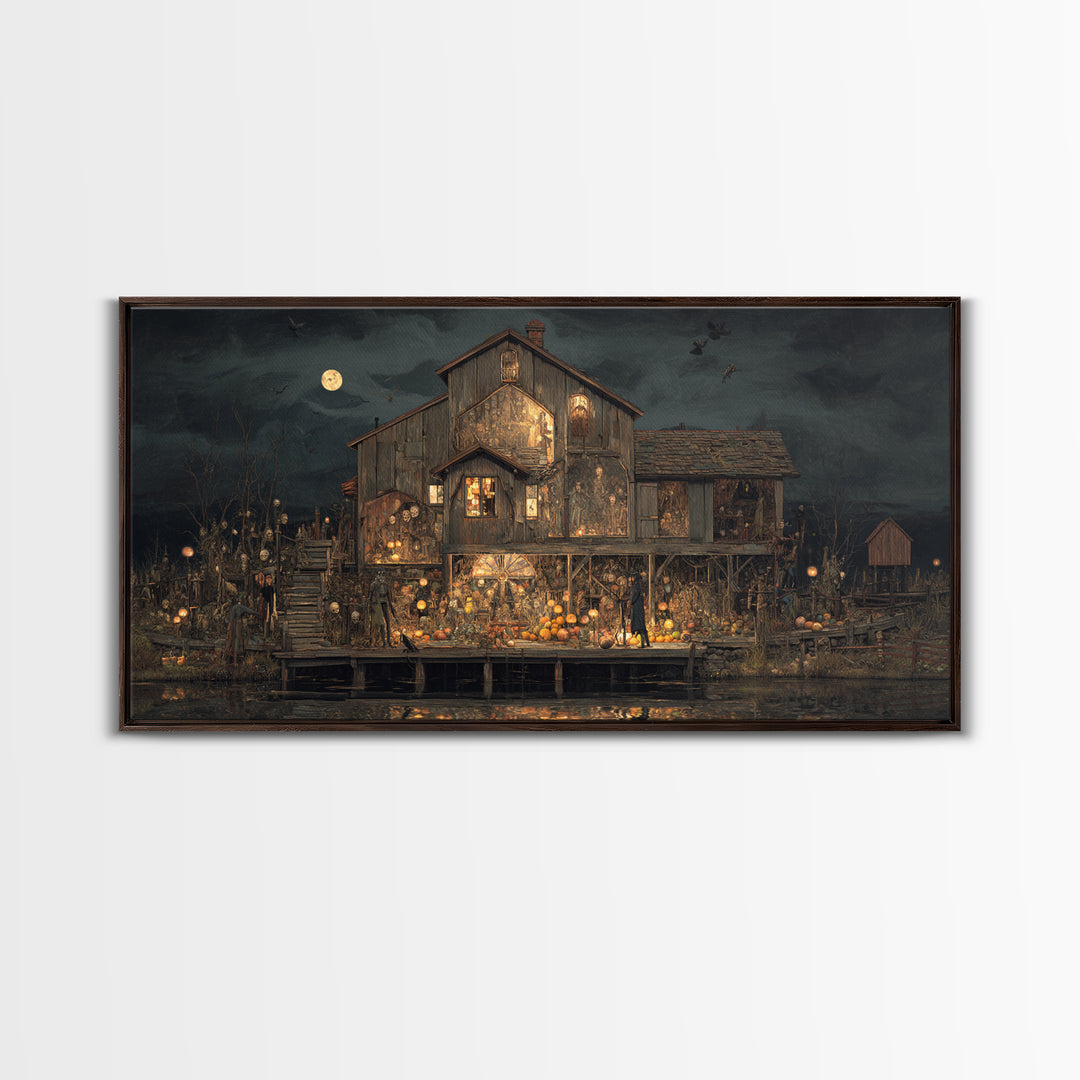 The Foggy Swamp Shack, Grotesque Carnival Art, Wide Panoramic Art, Gothic Horror Wall Art, Framed Canvas Print, Halloween Wall Art