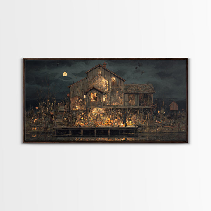 The Foggy Swamp Shack, Grotesque Carnival Art, Wide Panoramic Art, Gothic Horror Wall Art, Framed Canvas Print, Halloween Wall Art