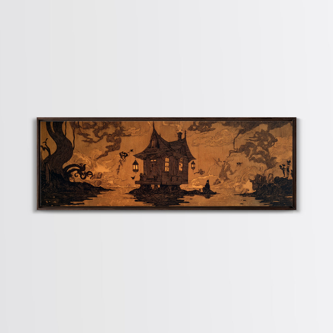 The Foggy Swamp Shack, Decadent Line Art, Extra Wide Wall Art, Dark Fantasy Wall Art, Framed Canvas Print, Halloween Wall Art