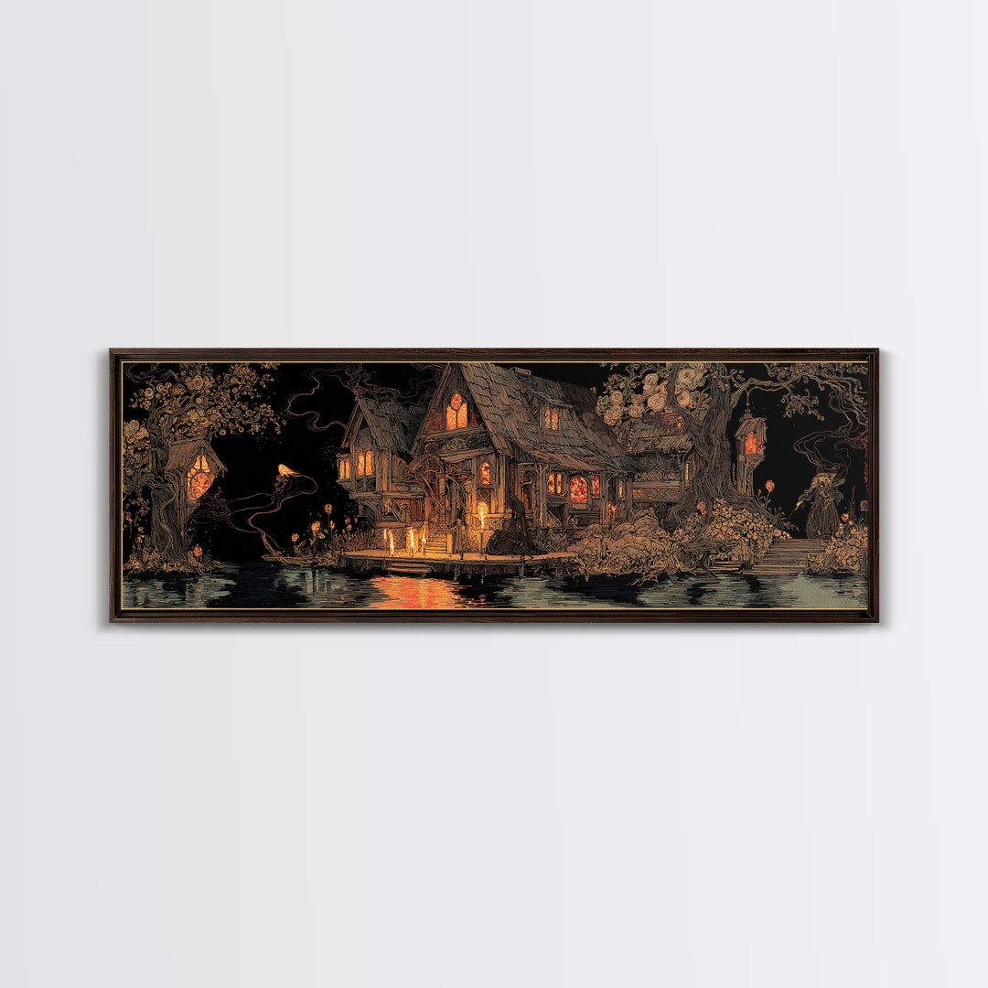 The Foggy Swamp Shack, Stained Glass Gothic Art, Extra Wide Wall Art, Macabre Wall Art, Framed Canvas Print, Halloween Wall Art
