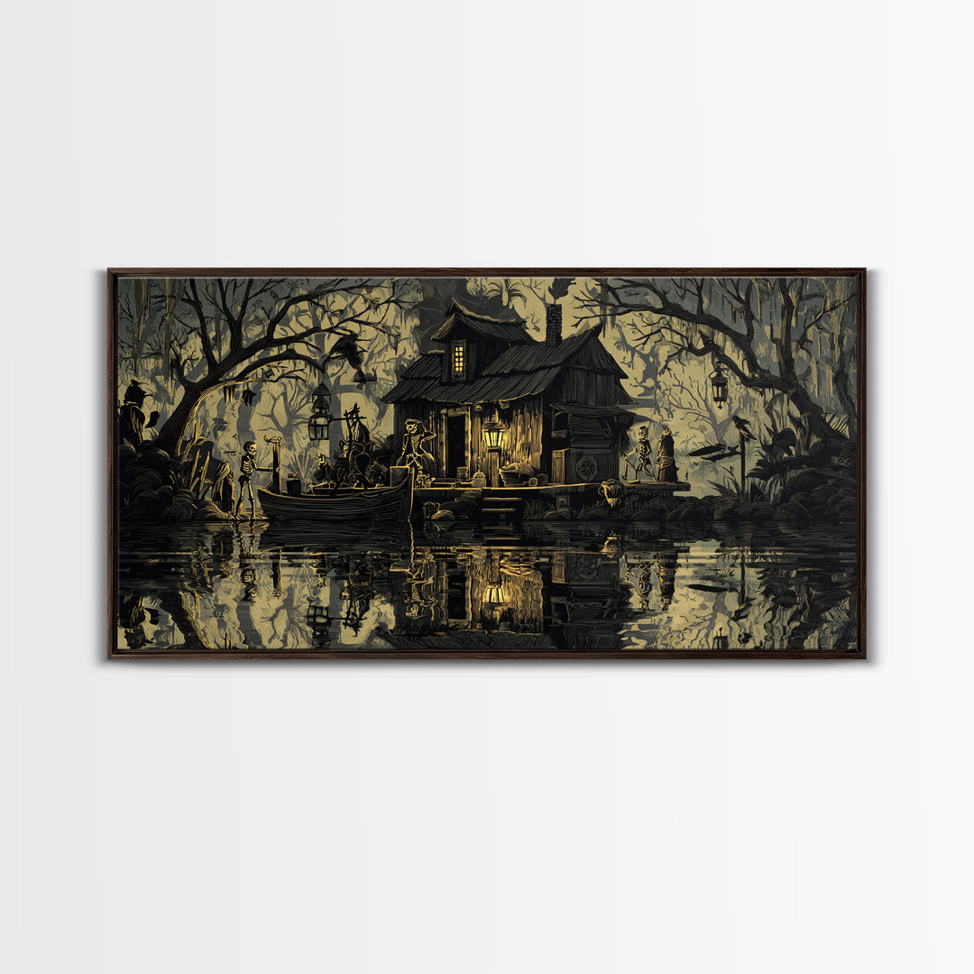 The Foggy Swamp Shack, Macabre Folk Print Art, Wide Panoramic Art, Gothic Horror Wall Art, Canvas Print, Halloween Wall Art