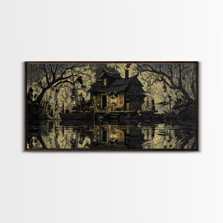 The Foggy Swamp Shack, Macabre Folk Print Art, Wide Panoramic Art, Gothic Horror Wall Art, Canvas Print, Halloween Wall Art