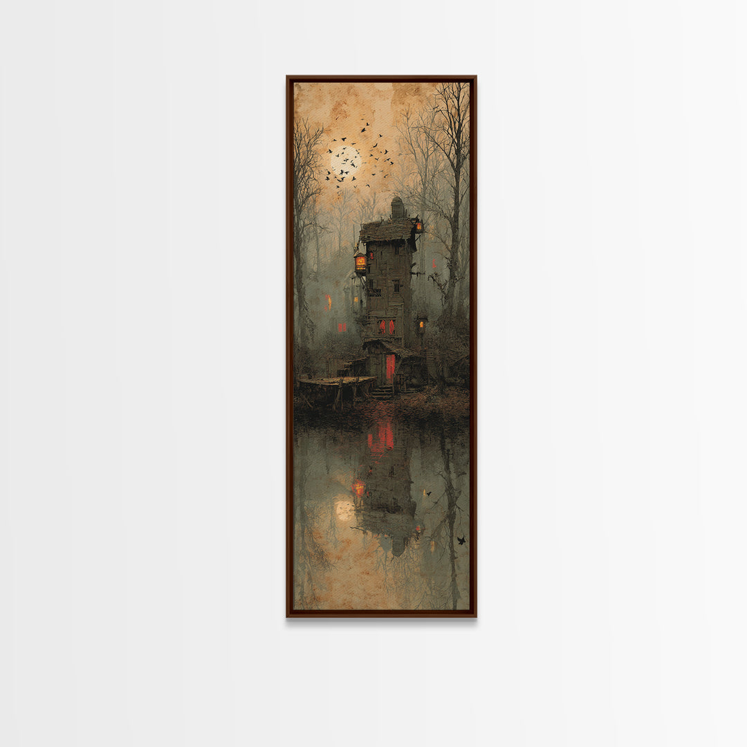 The Foggy Swamp Shack, Surreal Apocalyptic Art, Tall Narrow Wall Art, Gothic Horror Wall Art, Canvas Print, Halloween Wall Art