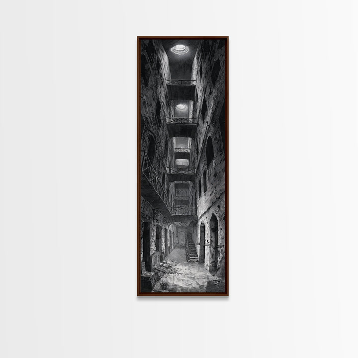 The Derelict Asylum, Architectural Etching Art, Tall Narrow Wall Art, Gothic Horror Wall Art, Canvas Print, Halloween Wall Art