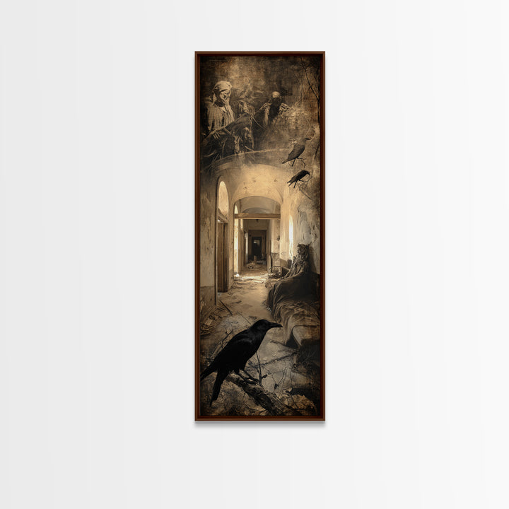 The Derelict Asylum, Symbolist Etching Art, Tall Narrow Wall Art, Dark Halloween Decor, Framed Canvas Print, Halloween Wall Art