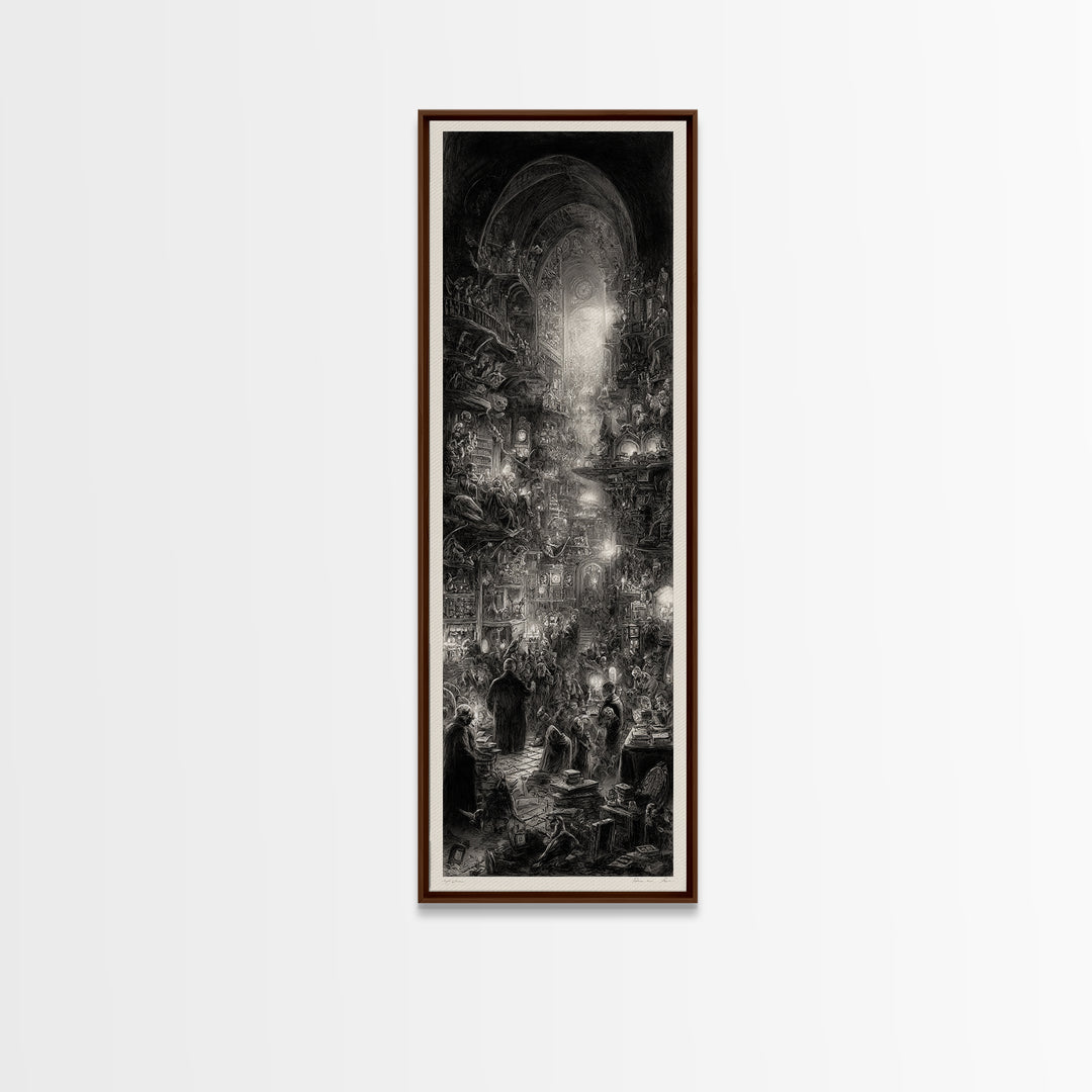 The Midnight Antique Shop, Gothic Engraving Art, Tall Narrow Wall Art, Dark Fantasy Wall Art, Framed Canvas Print, Halloween Wall Art