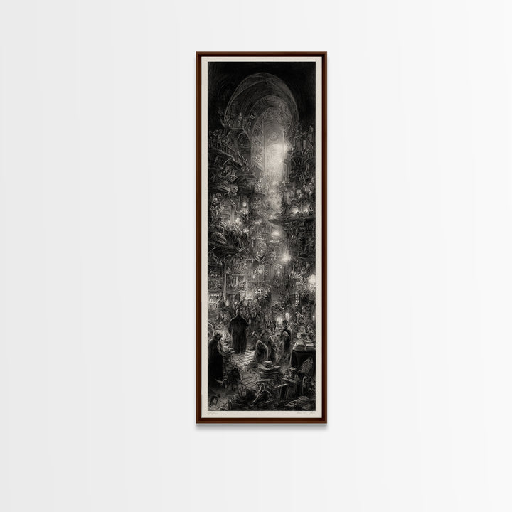 The Midnight Antique Shop, Gothic Engraving Art, Tall Narrow Wall Art, Dark Fantasy Wall Art, Framed Canvas Print, Halloween Wall Art