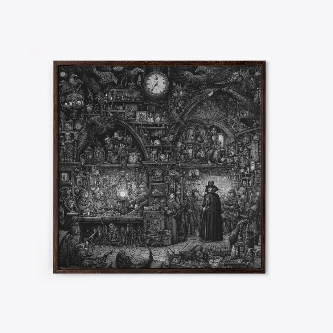 The Midnight Antique Shop, Renaissance Engraving Art, Square Wall Art, Dark Fantasy Wall Art, Framed Canvas Print, Halloween Wall Art